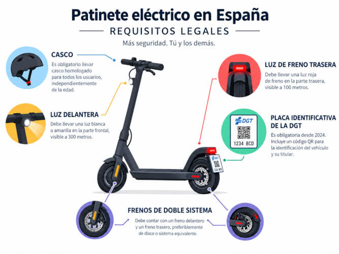 Infografia con los elementos obligatorios de un patinete electrico segun la DGT luces frenos y placa de marcaje. Normativa DGT patinetes eléctricos 2026