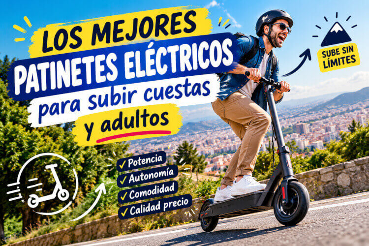 Patinete electrico potente subiendo una cuesta pronunciada con conductor adulto